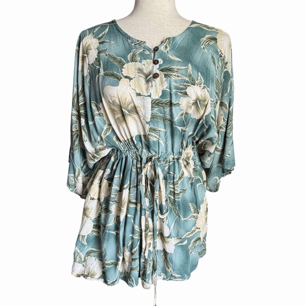 SUNNY ISLAND Hawaii Floral Drawstring Waist Blouse Cover Up One Size Hibiscus